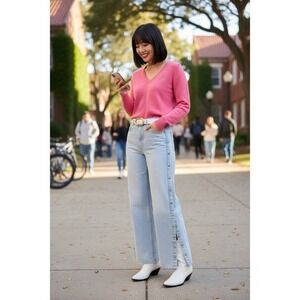 Y2K Peach Love California Light Wash Side Button Wide Leg Jeans Small Raw Hem 28